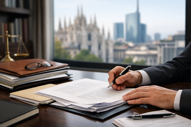 Analisi di documenti fiscali in studio legale con vista su Milano durante gestione di contenzioso fiscale