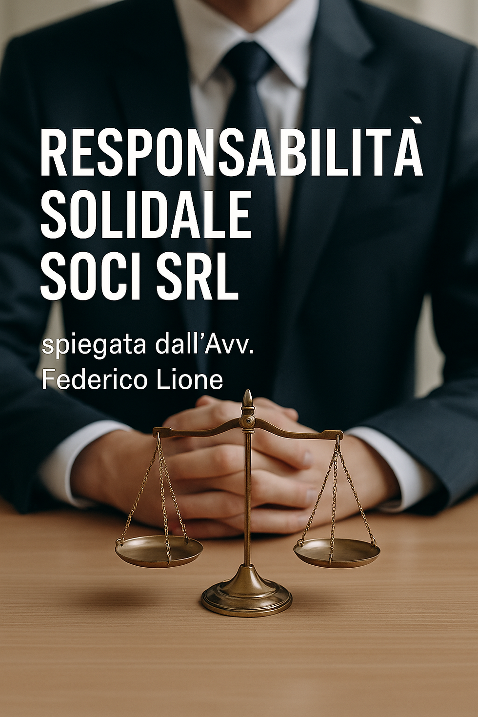 Avvocato seduto alla scrivania con una bilancia della giustizia in primo piano, immagine rappresentativa della responsabilità solidale dei soci Srl.