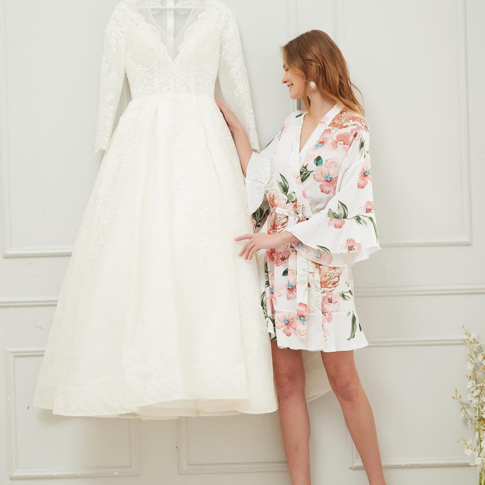 Blank Floral Ruffle Florence style rayon cotton Robes/Gowns, Bride, Br