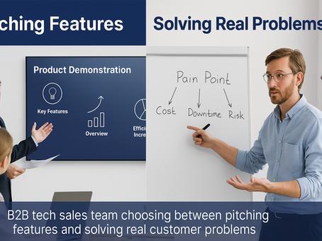 B2B tech sales team choosing between pitching features and solving real customer problems