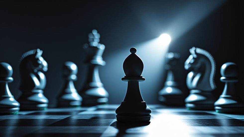 Lone chess pawn spotlighted on board with shadowy larger pieces behind it, symbolising a powerless sales contact.