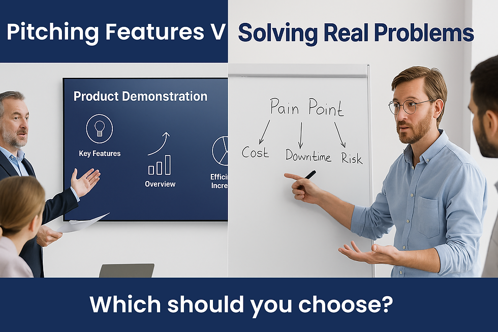 B2B tech sales team choosing between pitching features and solving real customer problems