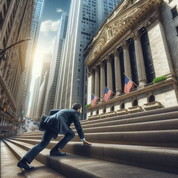a man in a suit is climbing up the stairs of the new york stock exchange