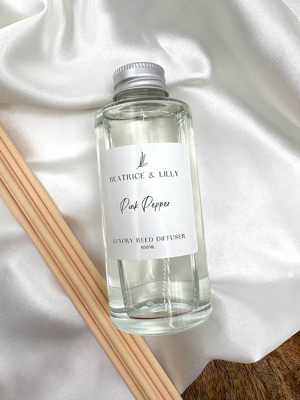 100ml Pink Pepper Reed Diffuser Refill. Clear glass bottle with silver cap.