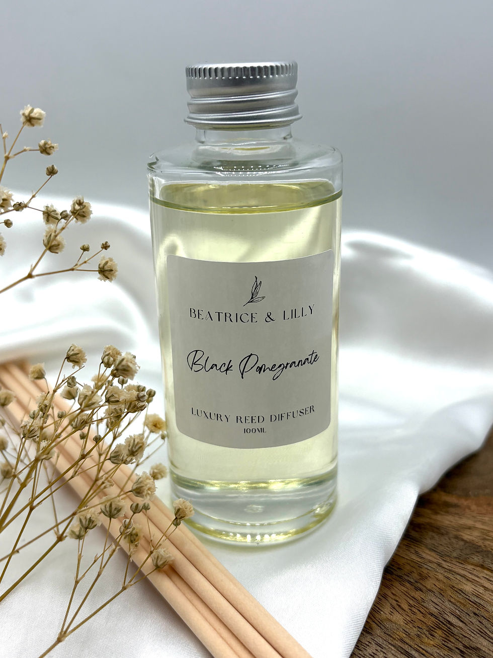 100ml Black Pomegranate Reed Diffuser Refill. 100ml clear glass bottle with silver cap.