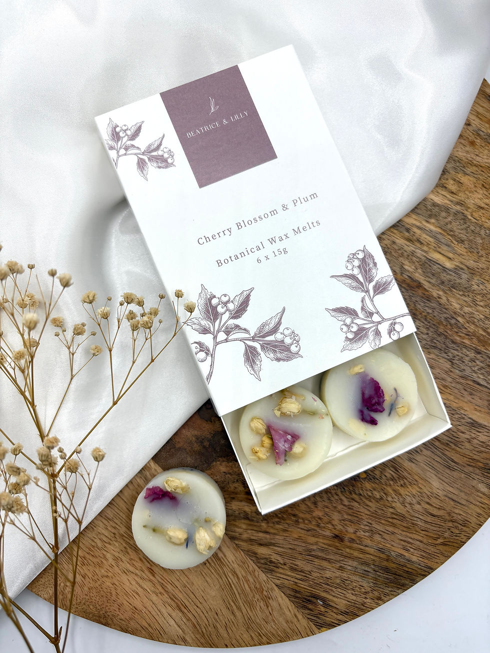 Cherry Blossom & Plum botanical wax melts in a match style gift box