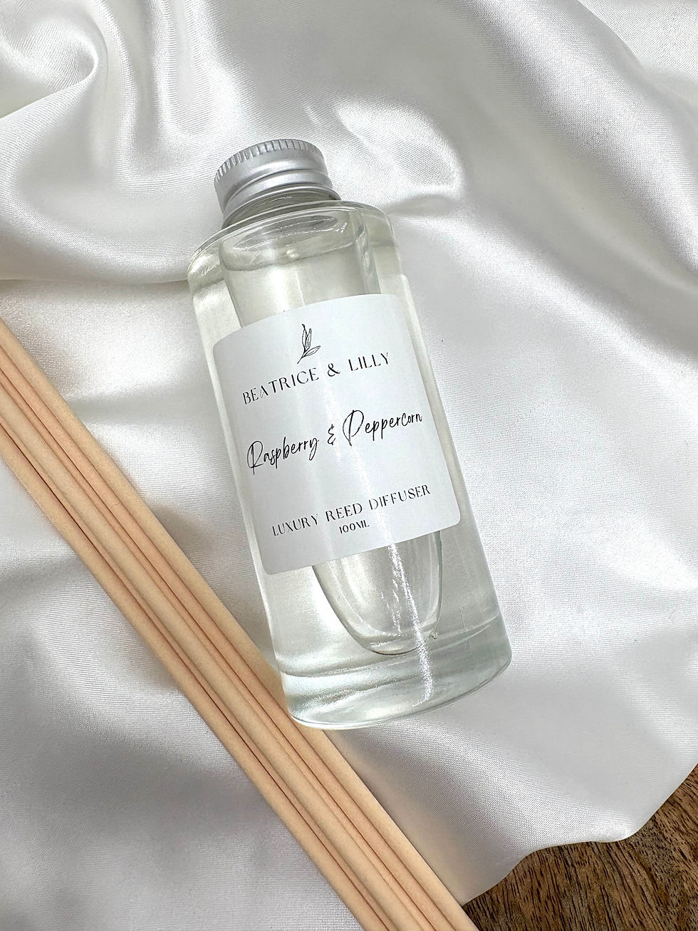 Raspberry & Peppercorn 100ml Reed Diffuser Refill in a clear class bottle with silver cap.