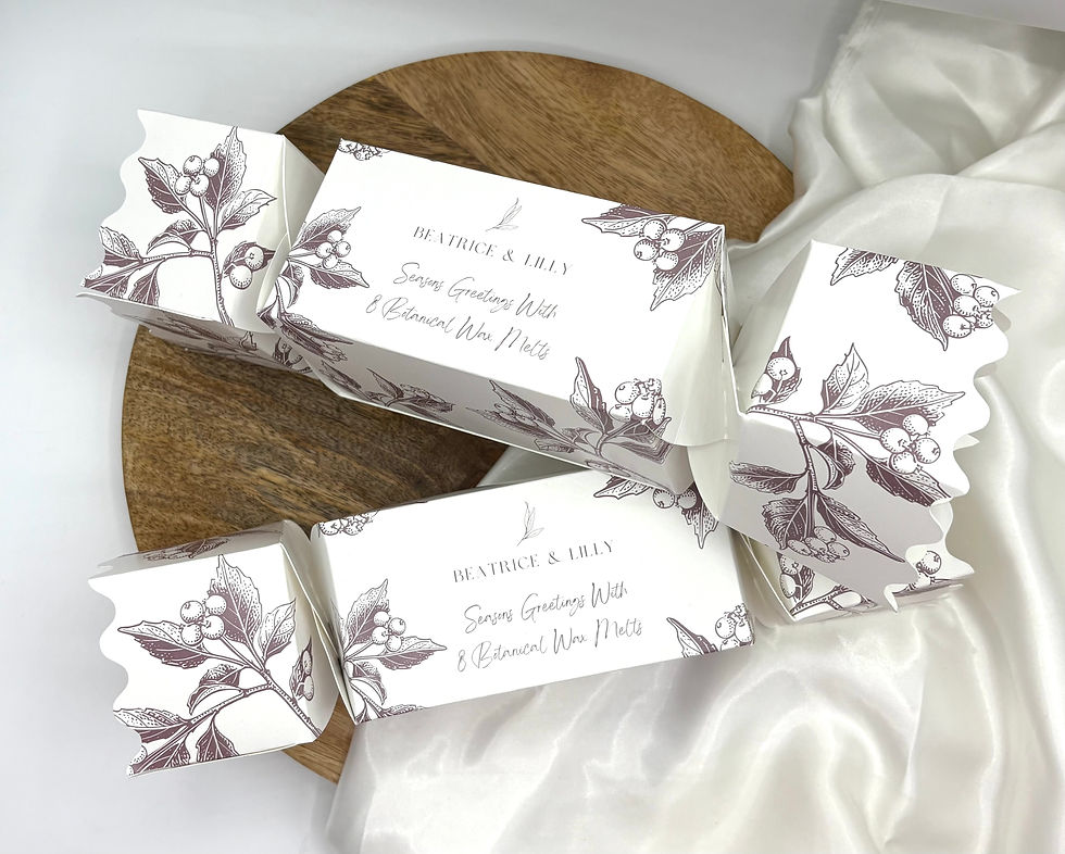 Wax Melt Filled Christmas Cracker, white box with purple writing and scalloped edges