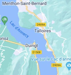 Map of Annecy lake showing the villages of Menthon-Saint Bernard, Talloires and Duingt.