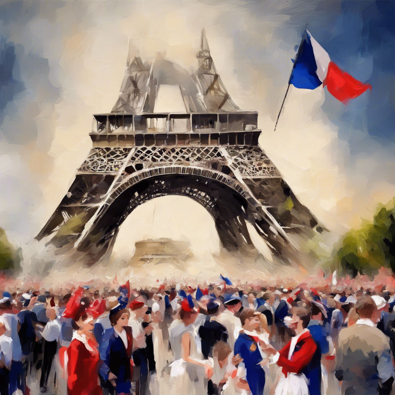 Picture of part of the Eiffel Tower with the French flag and people walking around it.