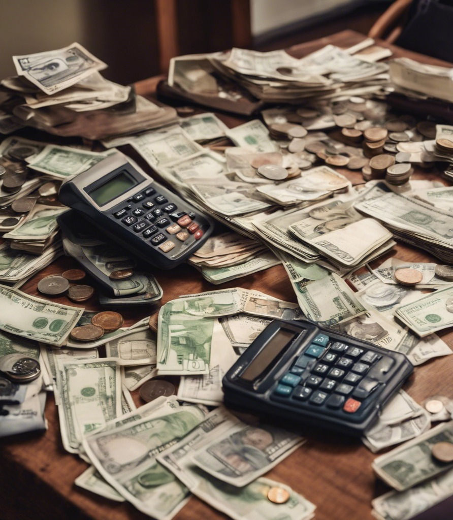 A picture of two large calculators and dollar bills scattered on a desk.