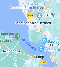 Map of Annecy lake showing Menthon-Saint-Bernard, Talloires, Duingt and Saint Jorioz.