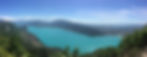 A panorama of lake Annecy from the summit of Mont Baron. Annecy town is far right, part of the eastern shore is bottom left (Veyrier & Menthon). Mont Semnoz is directly opposite.