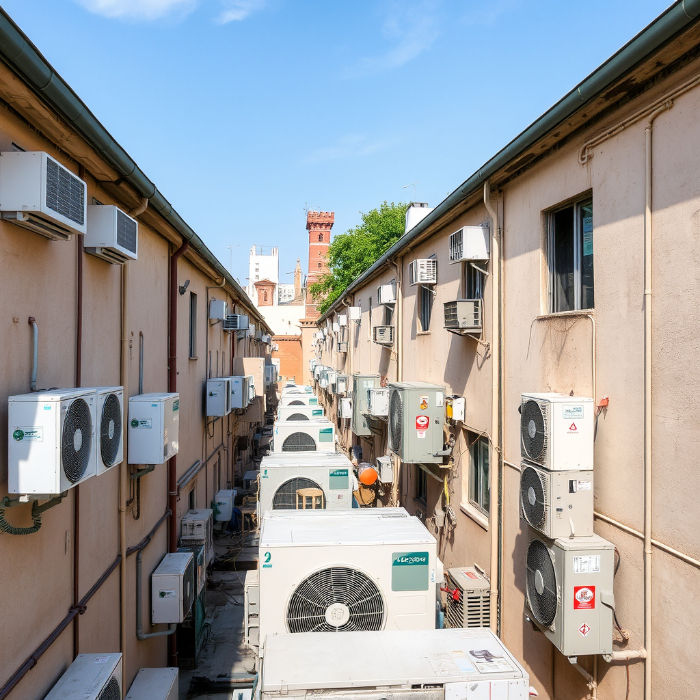 A view of loads of air conditioning units lining the outside of two long blocks of apartments.