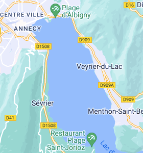 Map of Annecy lake showing Annecy, Veyrier-du-Lac, Menthon-Saint-Bernard and Sevrier.