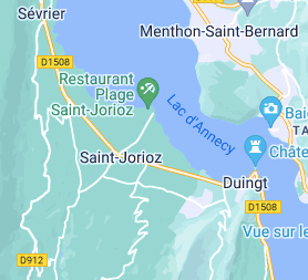 Map of lake Annecy showing the villages of Menthon-Saint-Bernard, Duingt, Saint-Jorioz and Sévrier.