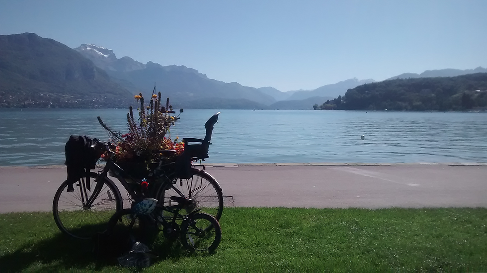 An adults bike with a child's seat on the back and a child's bike in front of lake Annecy on a sunny day.