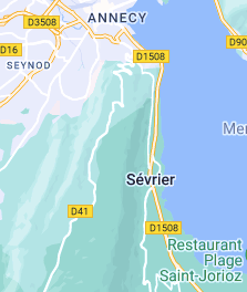Map of lake Annecy showing villages of Sévrier and Annecy.