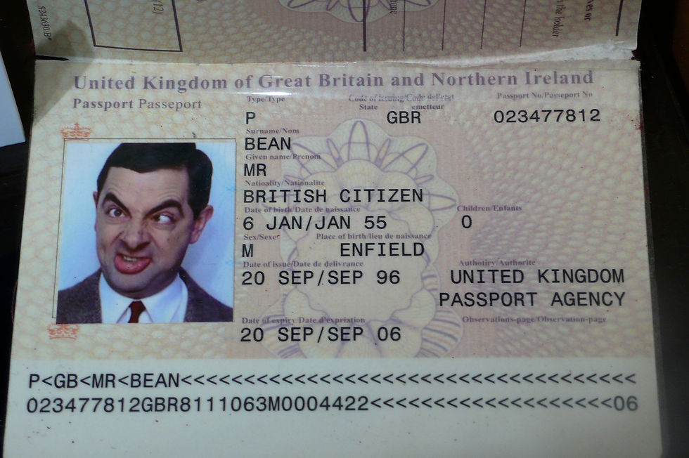 A copy of Mr Bean's passport photo page.