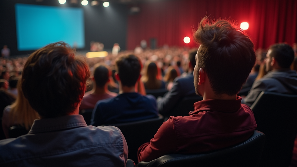 Eye-level view of a documentary screening event with an engaged audience