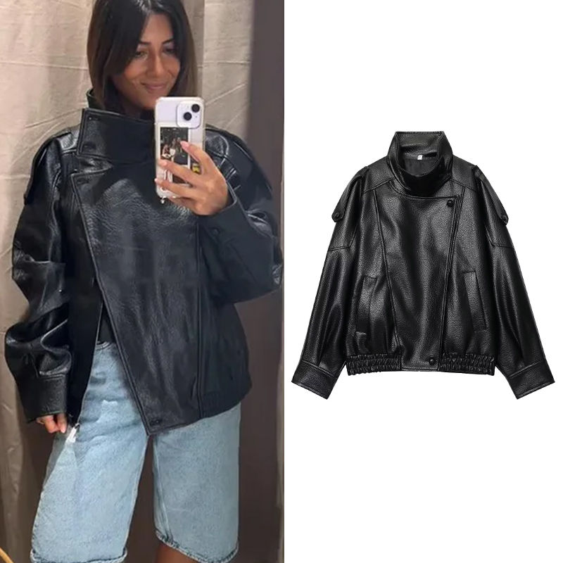 Veste Femme Effet Cuir Noir Chic – Oversize Boutonnée Manches Longues Style Élas