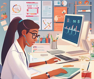 busy lab researcher working statistics in front of a computer, busy, prevention work and d
