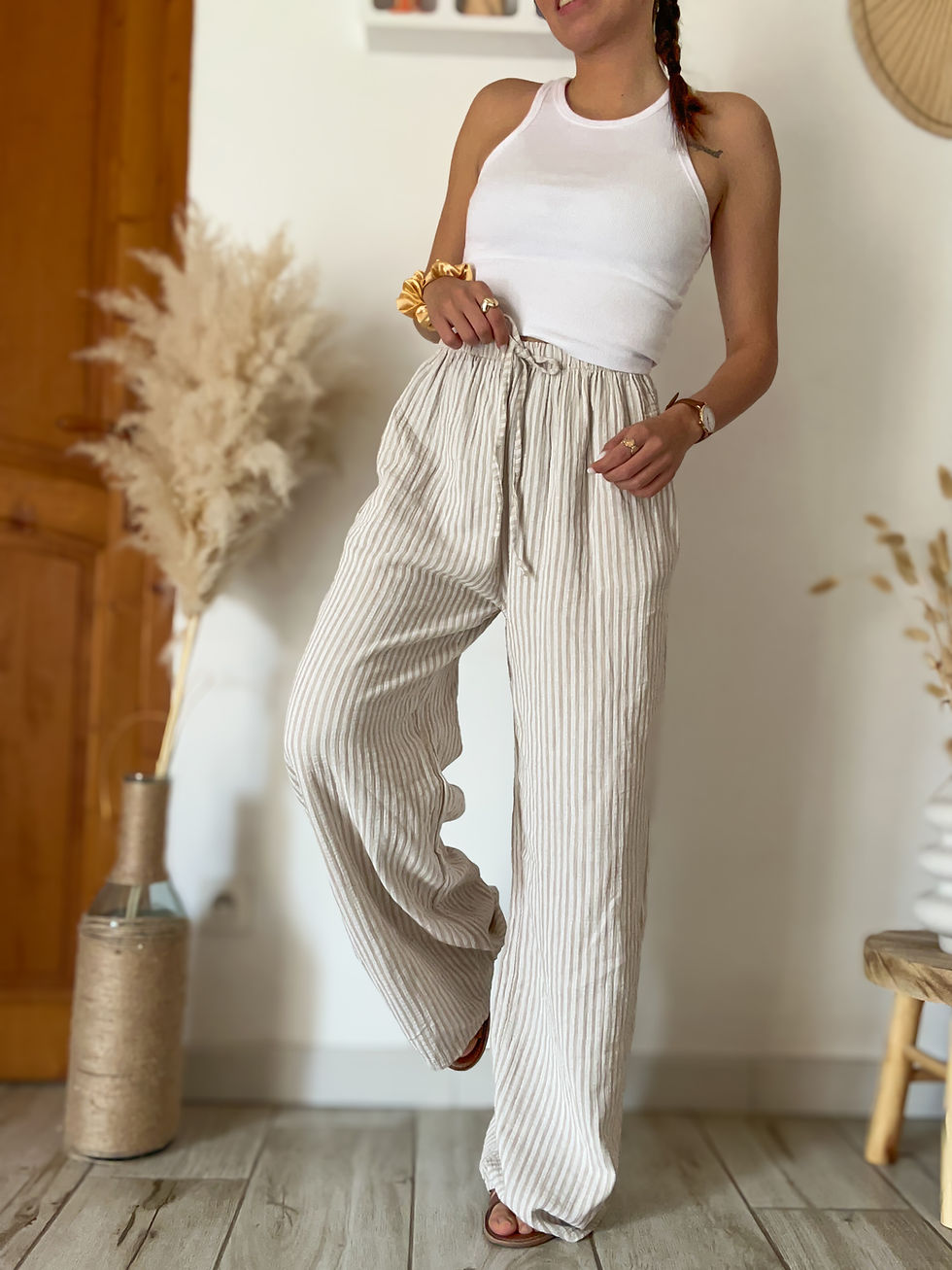 Miniatura: Pantalon gaze de coton rayures beige