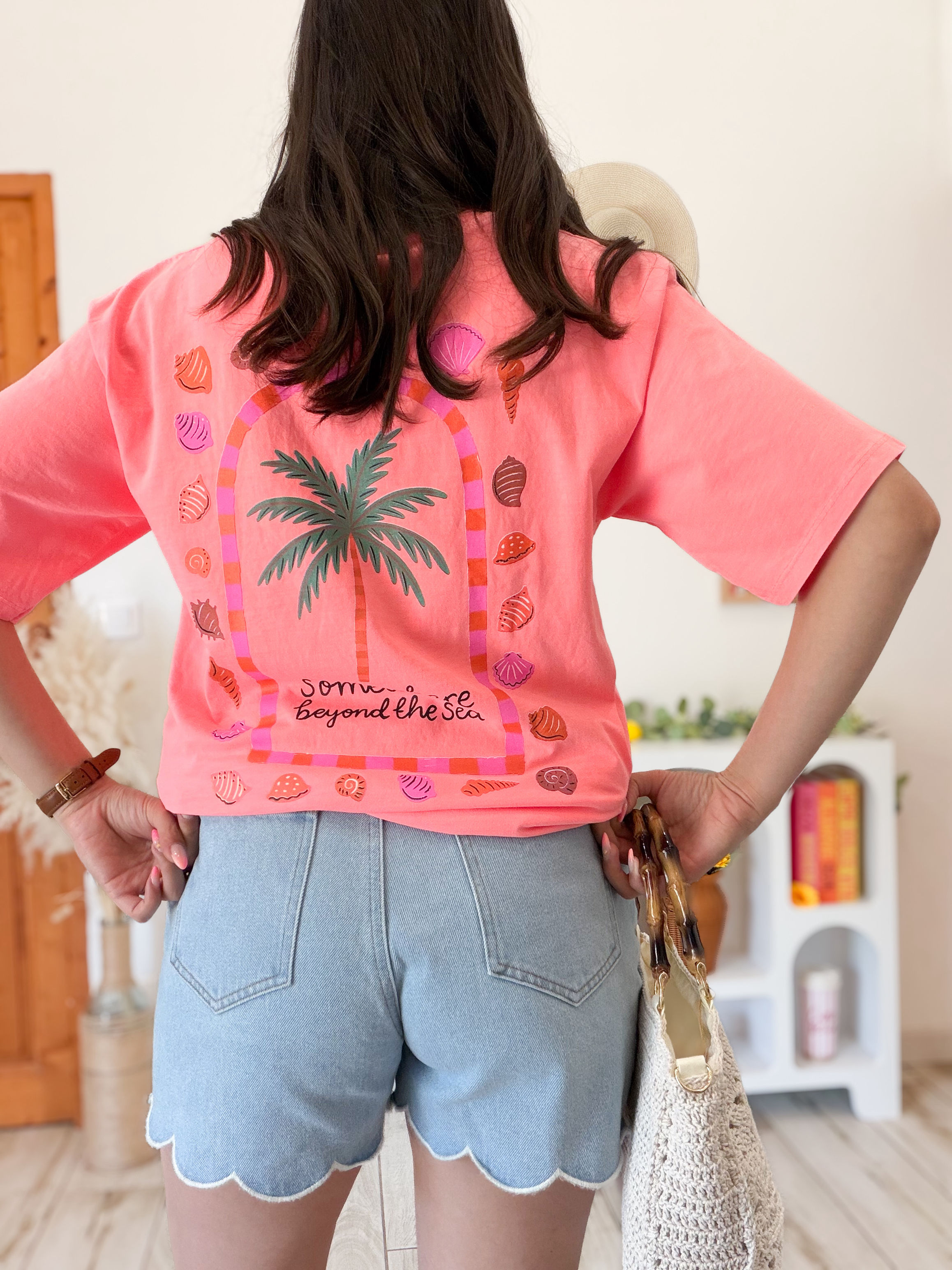 T-shirt délavé palmier corail