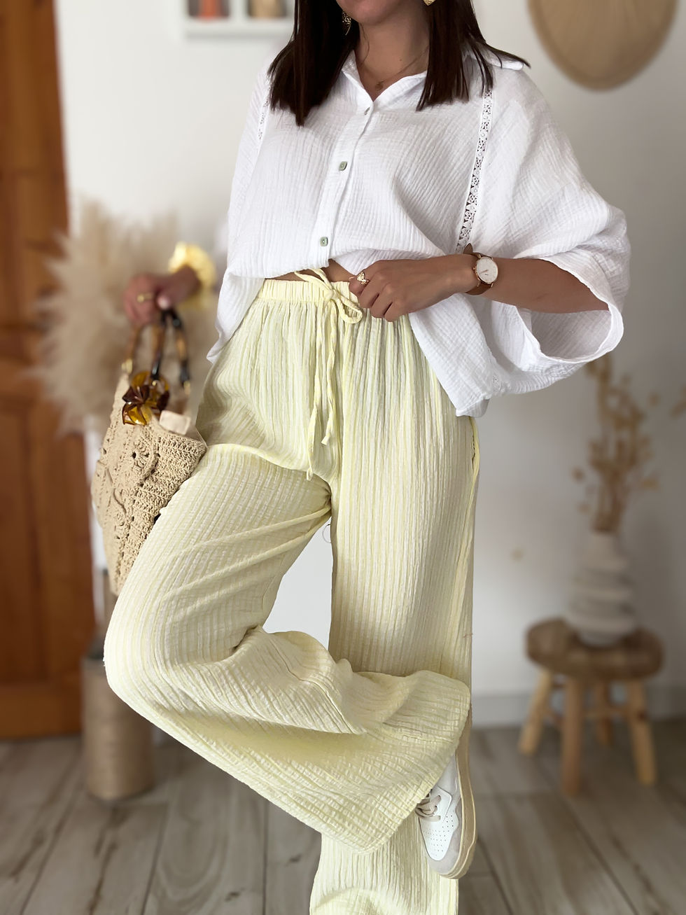 Miniatura: Pantalon gaze de coton rayures jaune