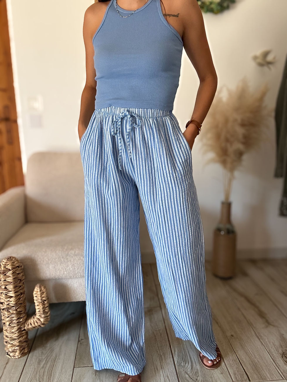 Miniatura: Pantalon gaze de coton rayures bleu