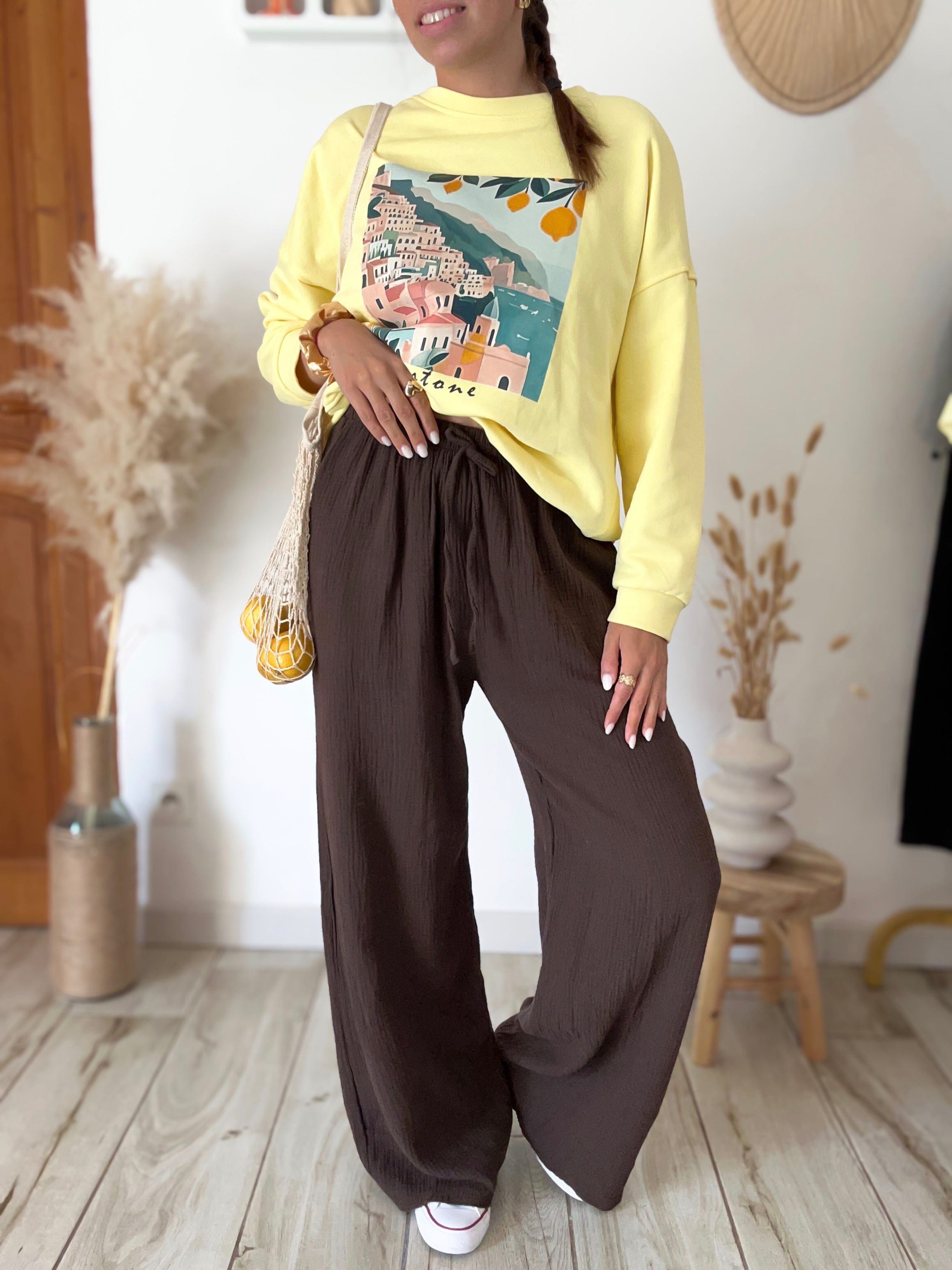 PANTALON GAZE DE COTON MARRON - DONA