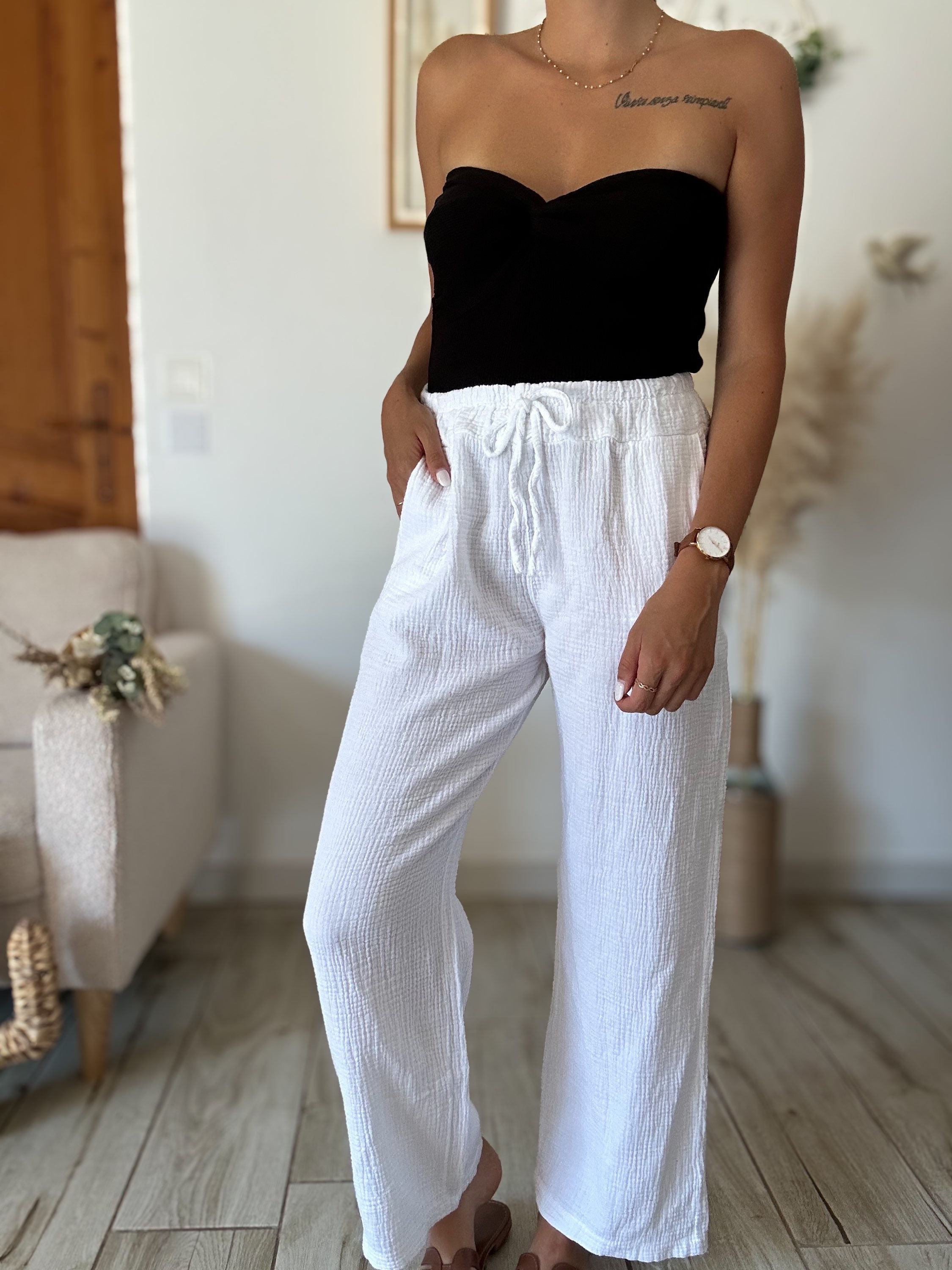 PANTALON GAZE DE COTON BLANC 