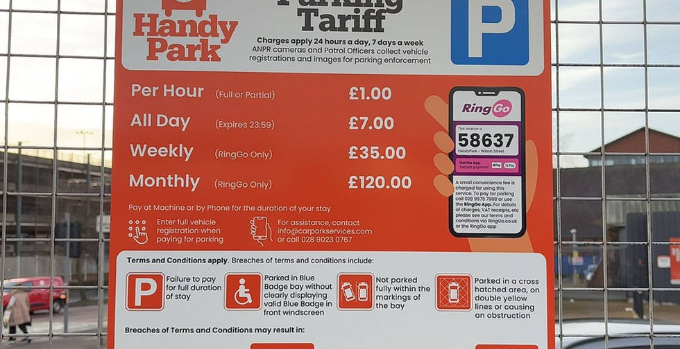 Wilson Street Car Park Belfast sign showing the tariff
