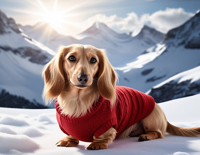 a cream colored long-haired dachshund with a sweater in the snowy mountains.jpg