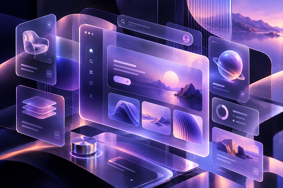 Futuristic purple glass UI panels float over a reflective desk, showing a chair, planet, and scenic landscape cards.