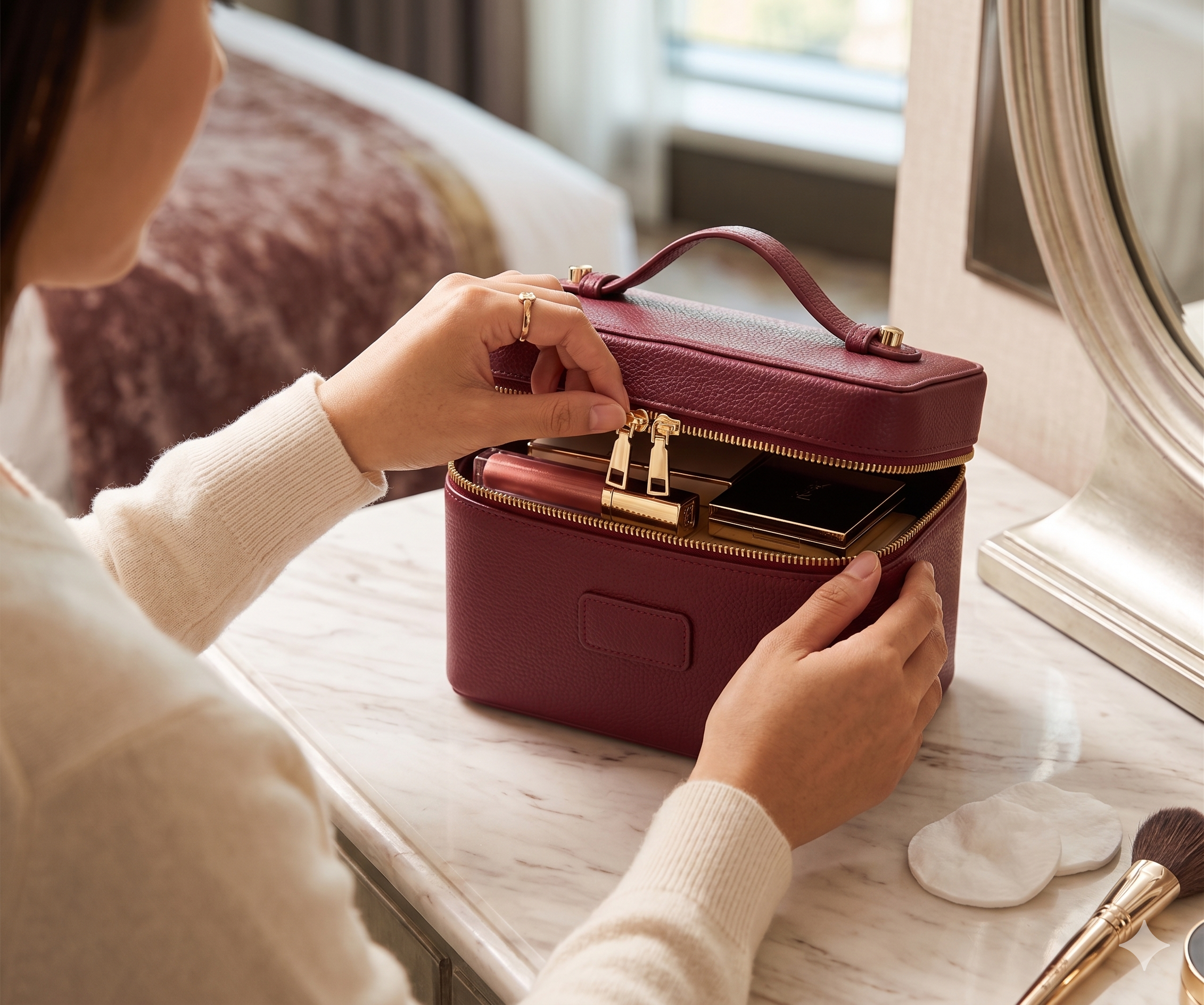 Leather cosmetic bag with compartments