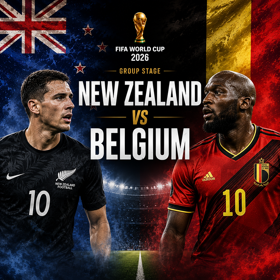 Letisztult Instagram-méretű New Zealand–Belgium WC 2026 Group Stage borítókép, új-zélandi kék/fekete és belga piros-sárga-fekete vizuális világgal, két játékossal, stadionfényekkel és központi “NEW ZEALAND vs BELGIUM” felirattal.