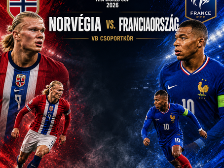 Norvégia–Franciaország VB-csoportkör grafika Haaland és Mbappé központi szerepével, piros-kék sportos háttérrel, FIFA World Cup 2026 és VB csoportkör felirattal.
