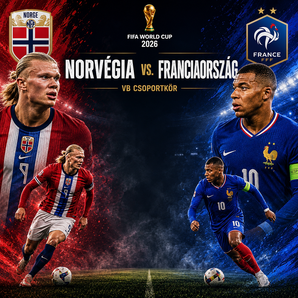 Norvégia–Franciaország VB-csoportkör grafika Haaland és Mbappé központi szerepével, piros-kék sportos háttérrel, FIFA World Cup 2026 és VB csoportkör felirattal.