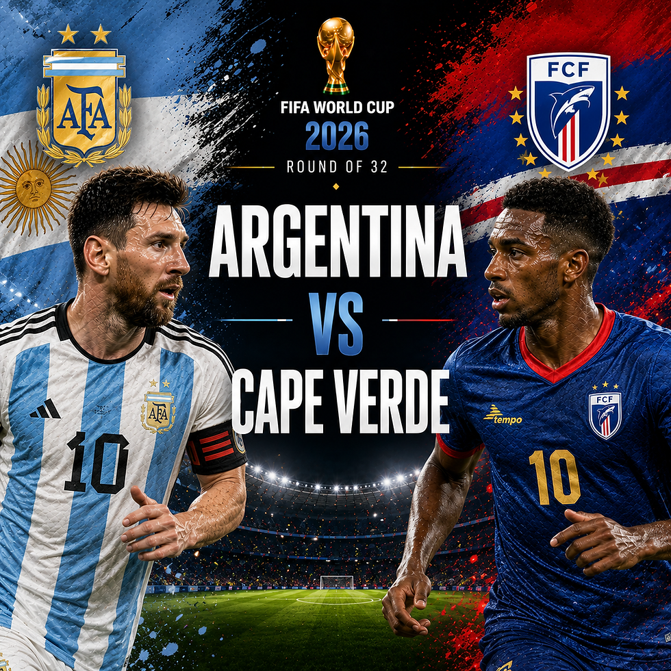 Letisztult Instagram-méretű Argentina–Cape Verde WC 2026 Round of 32 borítókép, argentin világoskék-fehér és zöld-foki kék-piros-fehér vizuális világgal, két játékossal, stadionfényekkel és központi “ARGENTINA vs CAPE VERDE” felirattal. Az alsó részen nincs statisztika, nincs adatpanel, nincs elemzés és nincs prediction szöveg.