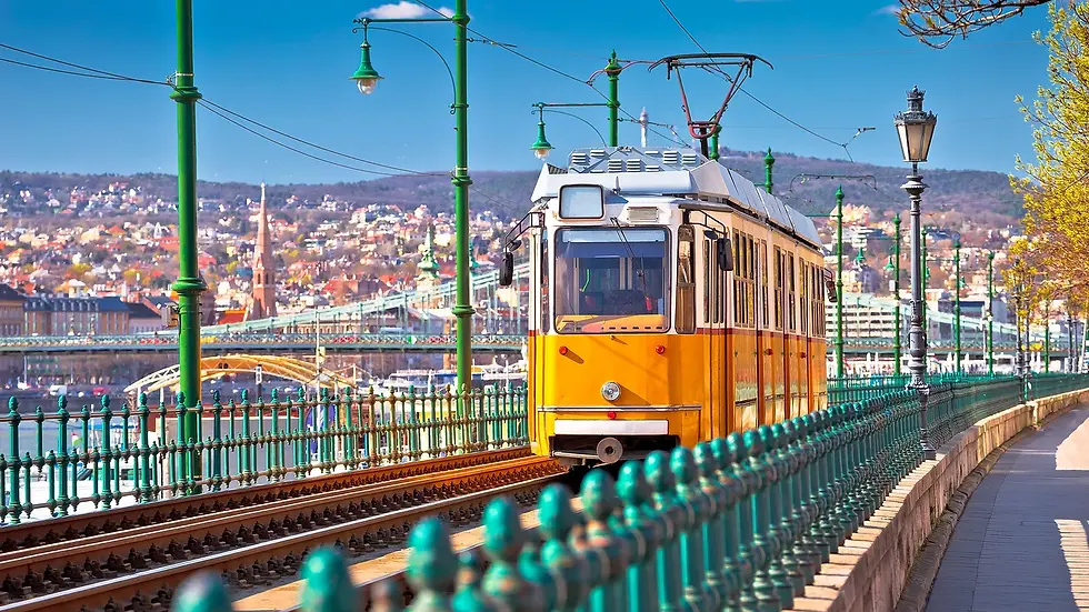 A tram on tracks in Budapest, Hungary