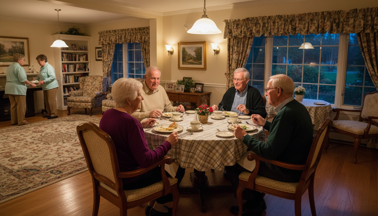 Eye-level view of a senior living dining room with residents sharing a quiet meal.