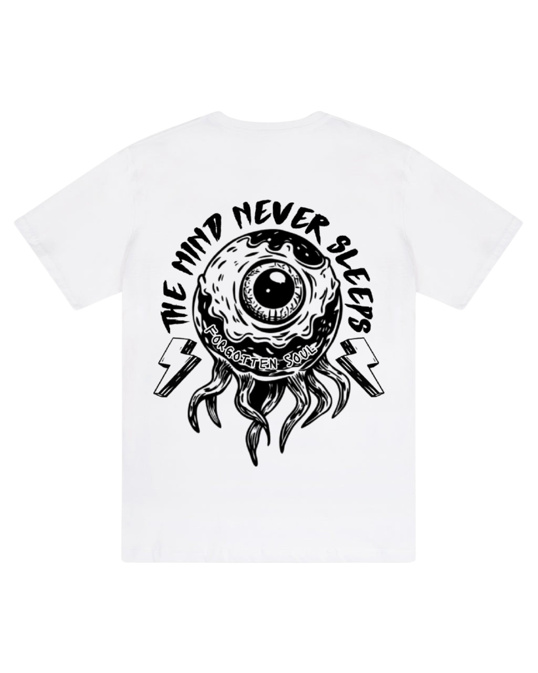 The Mind Never Sleeps White Front & Back T-Shirt