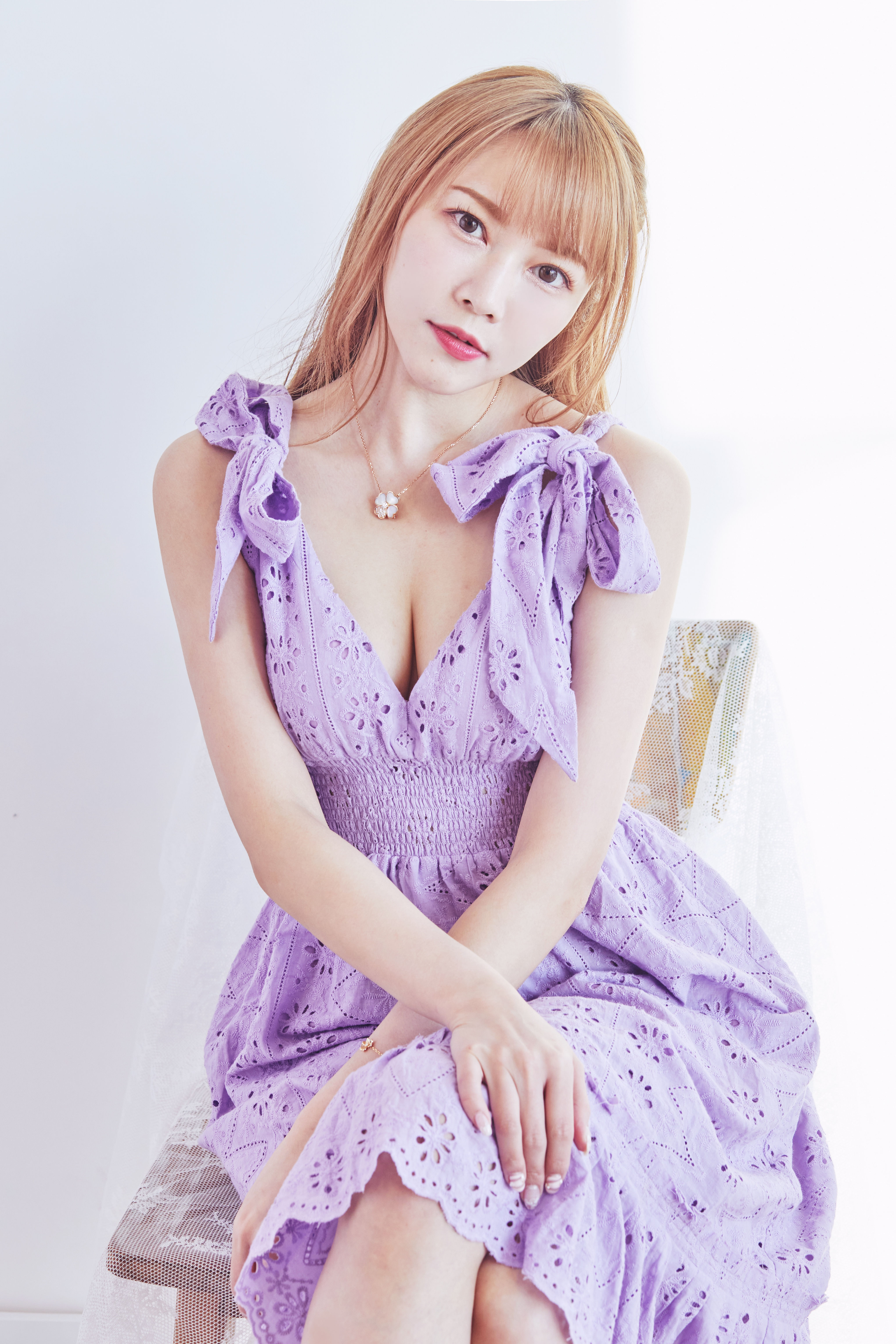 Lilac bow embellished eyelet lace dress