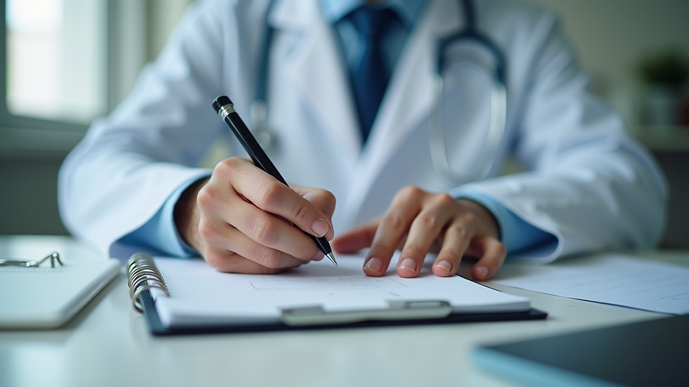 Eye-level view of a doctor writing in a notebook