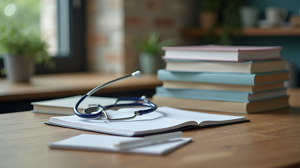 Eye-level view of a stack of medical books and a notebook on a wooden table