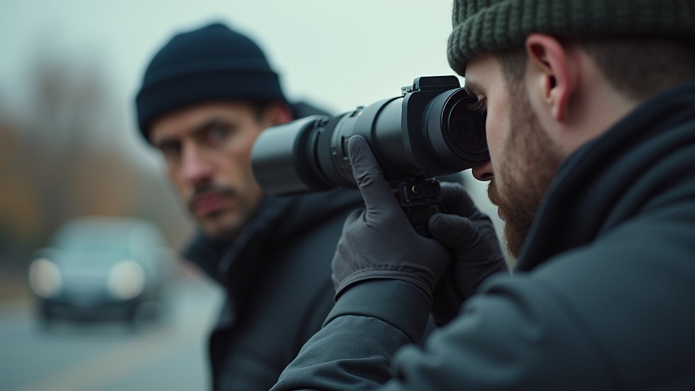 Close-up view of a private investigator using surveillance equipment outdoors