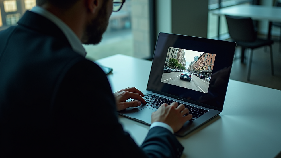 High angle view of a private investigator using a laptop with surveillance footage