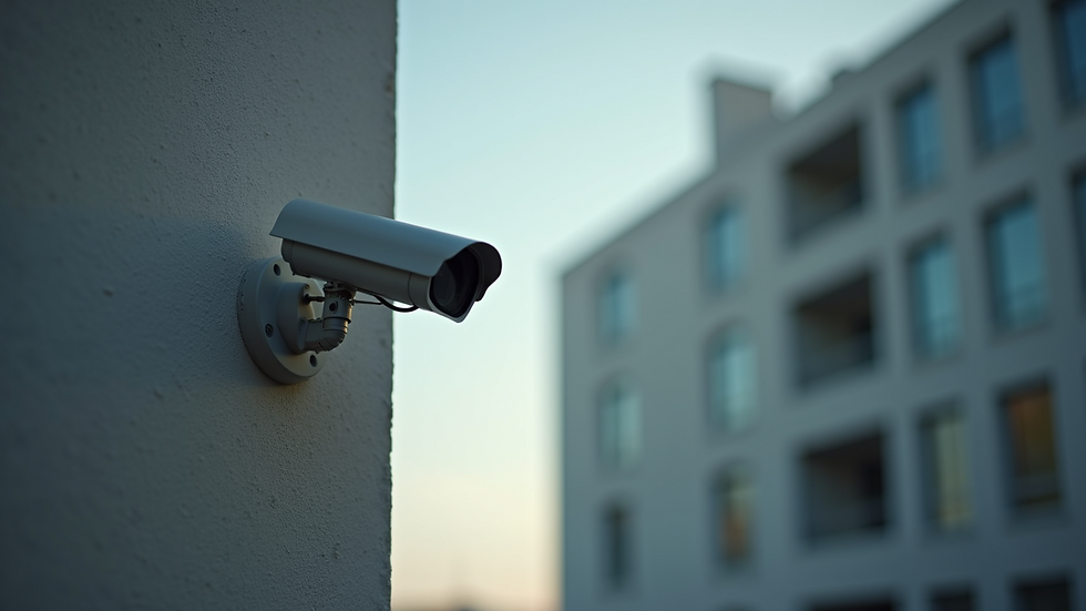 Close-up view of surveillance camera mounted on a building corner