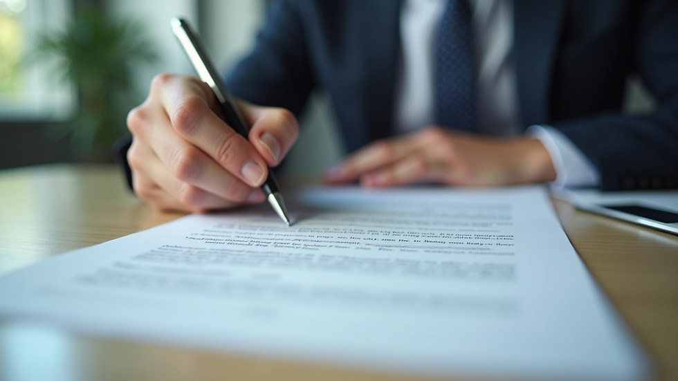 Close-up view of a contract being signed on a desk